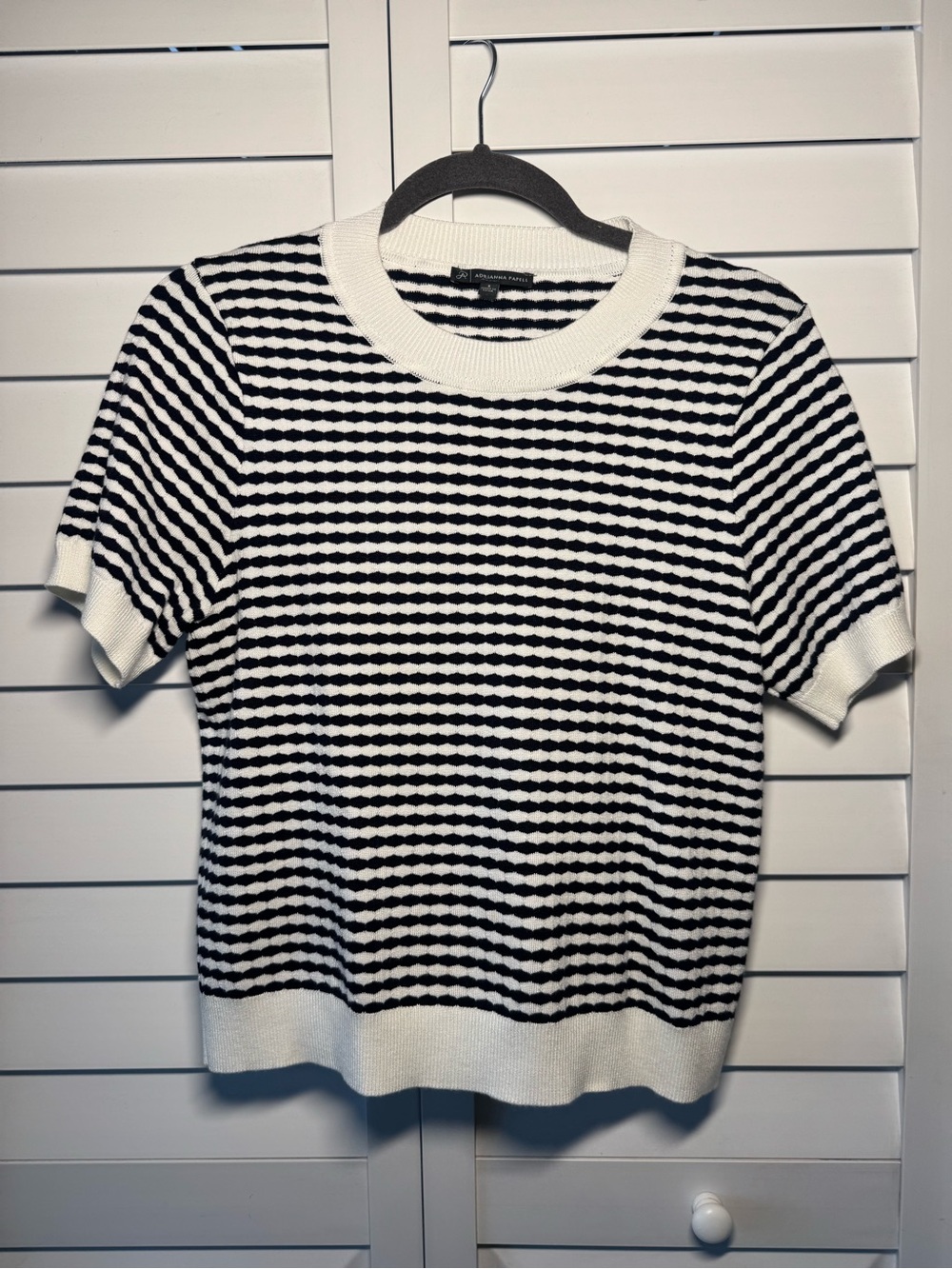 Adrianna Papell Black & White Striped Short Sleeve Knit Tee